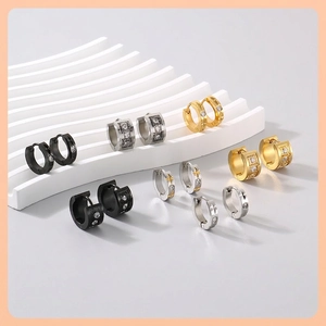 Stainless Steel Huggie Hoop Earrings CZ Inlaid Geometric Cross Star Pattern Hip Hop Punk Jewelry For Men Women