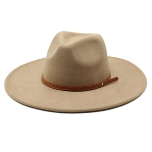 Classic khaki wide brim wool fedora hat with brown leather band and silver metal rivets