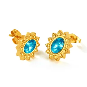 Vintage Stainless Steel Sunflower Stud Earrings For Women Gold Plated Rhinestone Inlaid Geometric Fashion Jewelry Gift