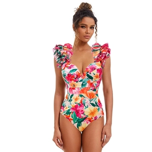 Detail of floral one-piece swimsuit featuring ruffled shoulder straps and a sweetheart neckline