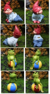 Detailed multi-angle view of resin garden dwarf and frog on colorful ball ornaments