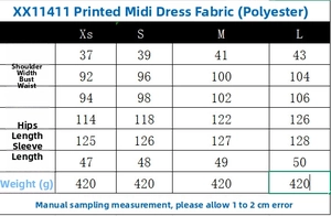 Detailed size chart for printed midi dress showing shoulder, chest, and length measurements