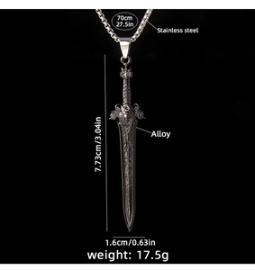 Detailed sword pendant necklace specs with 70cm stainless steel chain and alloy lion head