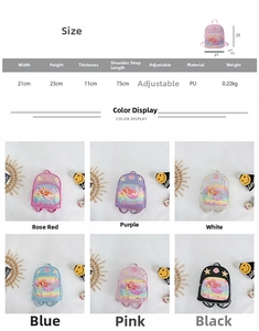Size and color chart for girls' mermaid princess mini PU leather backpack with dimensions