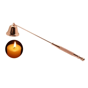 Rose gold bell-shaped candle snuffer with a long knurled handle on a clean white background