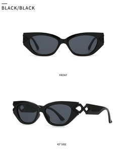 Front and 45-degree side views of black cat-eye sunglasses with cutout temple detail