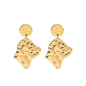 Lava-style gold titanium steel earrings with geometric layers and sparkling crystals