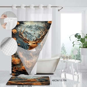 Waffle elk print shower curtain and bath mat set featuring snowy mountains and autumn scenery