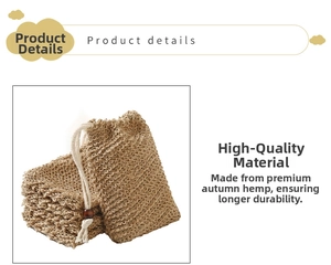 Macro detail of natural jute fiber texture on exfoliating soap bag with wooden bead drawstring