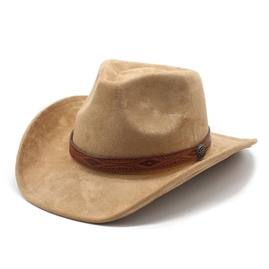 Retro Western Cowboy Hat Wide Brim Faux Suede Ethnic Embossed Leather Band Metal Buckle Unisex Outdoor Hat