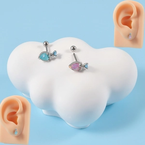 Fashion heart shaped heart stud earrings with blue and purple stones and screw back