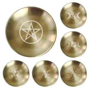 Golden brushed metal triple moon altar plate with mystic pentagram for meditation