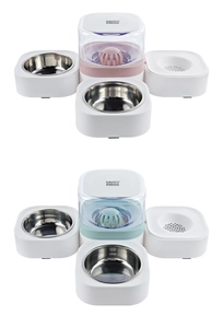 Modular pet feeder with stainless steel bowls and transparent water tank in pink and green