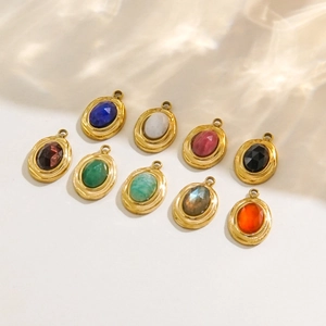 French vintage style 14K gold plated stainless steel oval pendants with colorful natural stones