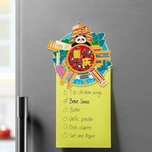 Rotating Chongqing hot pot fridge magnet with panda and landmarks on a refrigerator