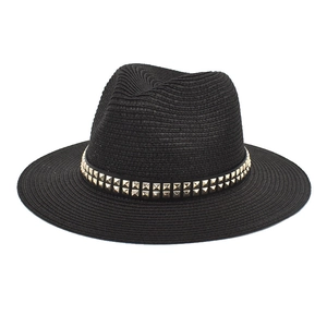 Black straw jazz hat with golden square studs for summer beach sun protection