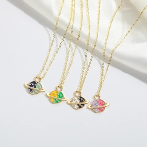 Minimalist gold planet pendant necklace with zircon and colorful enamel planets