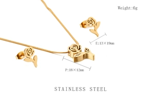 Detail view of rose pendant necklace and earrings set with exact size measurements