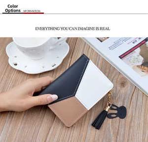 Short tri-color wallet detail featuring a rabbit charm and black leather tassel