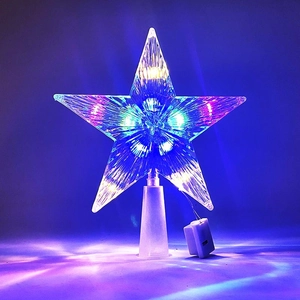 Glow of colorful LED lights inside a transparent plastic star tree topper with battery box