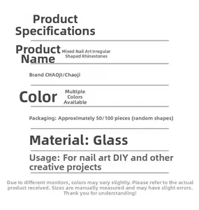 Detailed chart showing glass nail art rhinestones specifications and multi-color options