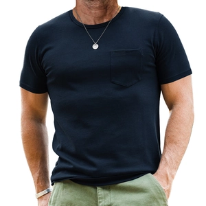 Detail shot showing the fine knit texture and stitching on the dark navy blue Henley T-shirt