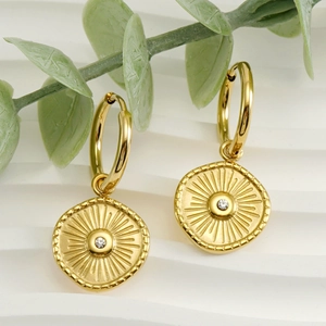 18K gold plated titanium steel hoop earrings with crystal sunburst compass pendant