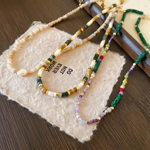 Handmade Beaded Necklace With Freshwater Pearl And Shell Gold Plated Copper Clavicle Chain Vintage Bohemian Style For Women