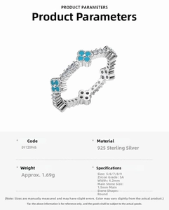 Detailed view of silver S925 ring with blue clover shape and white zircon stones