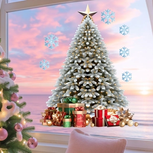 Detail of Christmas tree and snowflake static window clings for holiday glass decoration