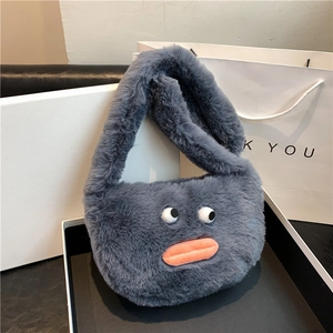 Cute gray-blue plush monster handbag with large eyes and orange lips for daily use