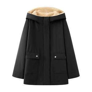 Women's black hooded parka jacket with warm fleece lining and dual chest pockets