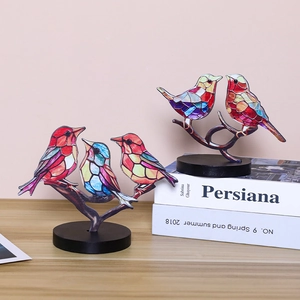 Bird Figurines Desktop Ornaments Colorful Stained Glass Style Painted Wood Handicraft Home Office Entryway Decor