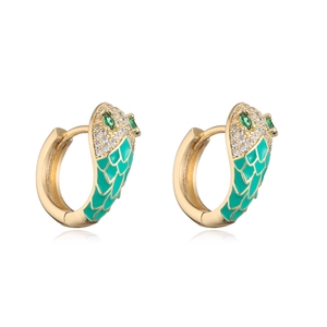 Detail of snake hoop earrings with green enamel scales and white cubic zirconia settings