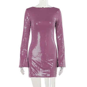 Detail of purple sequin mini dress showing the shimmering fabric and slim fit design