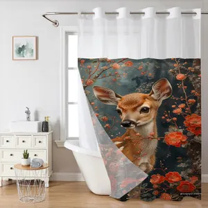 Close-up of elegant deer and red blossom print on a modern polyester shower curtain