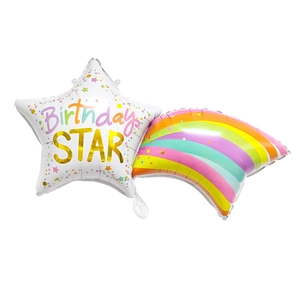 Detail of macaron star balloon with Birthday STAR text and colorful rainbow decoration
