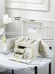 Detailed interior of luxury jewelry box with mirror, drawers and side necklace doors