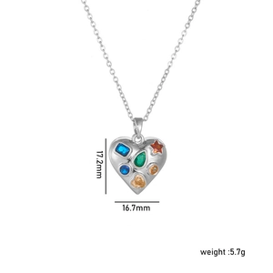 Silver heart necklace with colorful gemstones, pendant size 17.2mm by 16.7mm, weight 5.7g