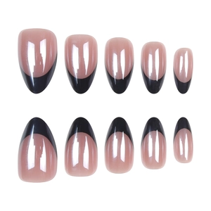 French almond press on nails with elegant nude base and black tip designs for women