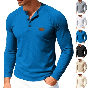 Men Henley Shirt Long Sleeve Waffle Knit Breathable Raglan American Casual Top With Patch Detail
