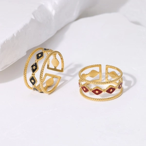 Evil Eye Rhombus Enamel Stainless Steel Open Ring Triple Layer Adjustable Geometric Jewelry For Women