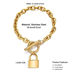 Gold stainless steel thick chain bracelet with OT toggle clasp and square lock pendant