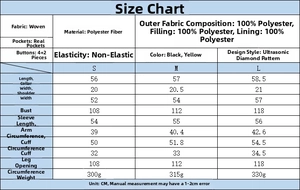 Size chart for diamond quilted jacket with fabric composition and detailed measurements