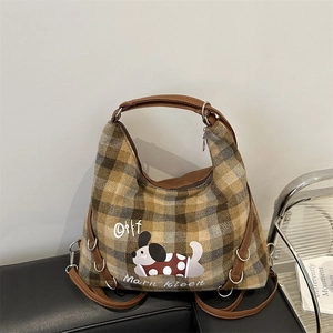 Retro Plaid Woolen Tote Bag Large Capacity Shoulder Crossbody Handbag With Cartoon Dog Print And PU Leather Strap For Women
