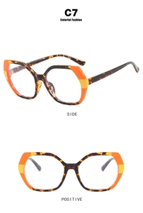 Detailed views of hexagonal tortoise frame glasses with orange and yellow color blocking