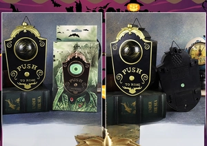 Sonnette d'Halloween avec œil mobile montrant l'emballage et les détails avant arrière