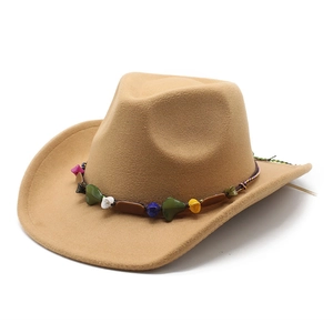 Detail of khaki cowboy hat featuring wool felt texture and colorful stone woven band