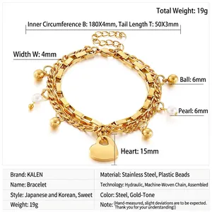Spécifications de taille pour le bracelet double couche en acier doré avec cœur