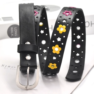 Black leather belt with floral cutouts and silver pin buckle for women and children